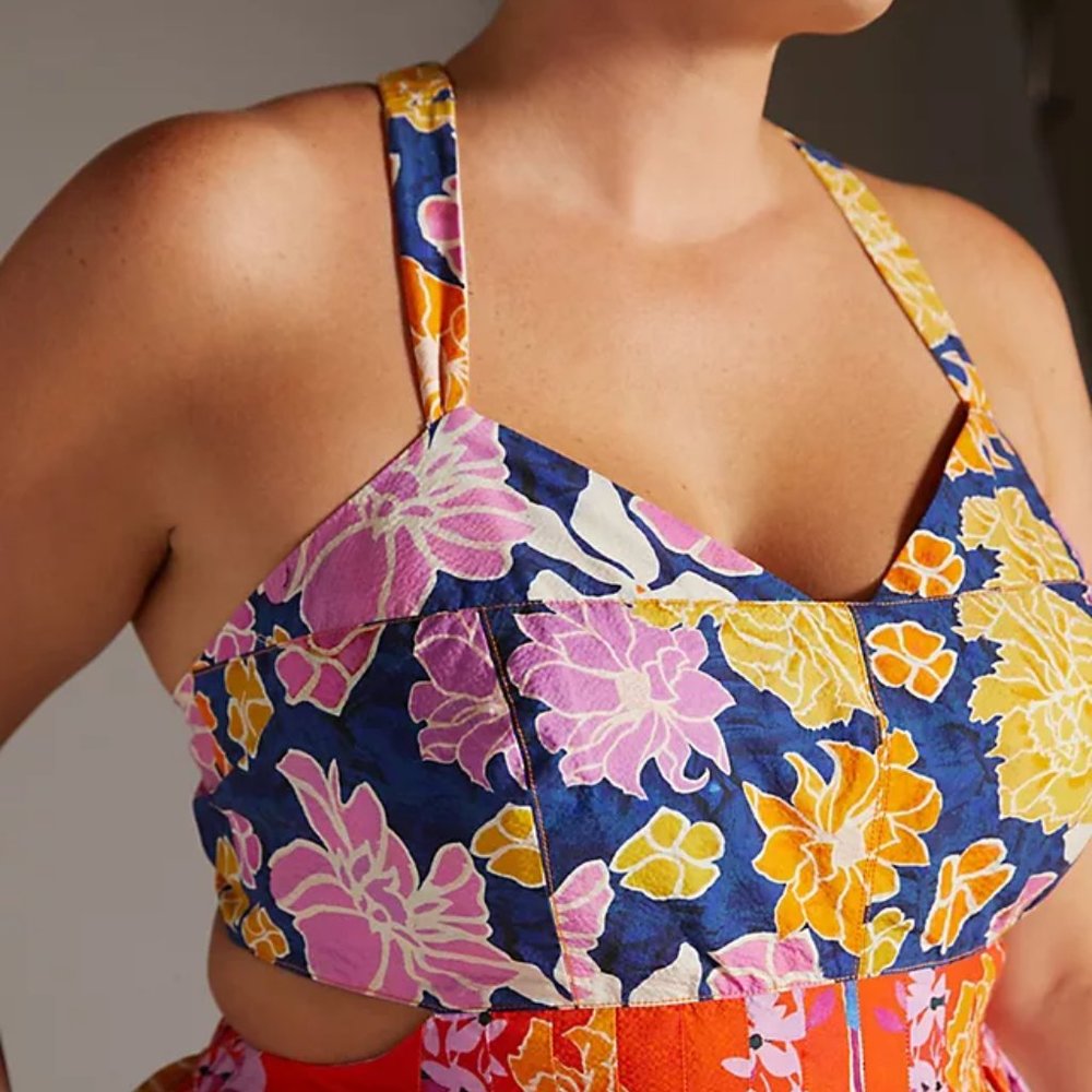 Anthropologie Navy Floral Halter Midi Dress with Pink, Yellow & Orange Blooms - Picture 4 of 10